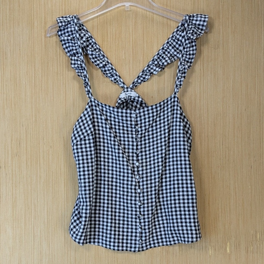 Madewell Cottage Retro Gingham Ruffle Button Front Cami Top Size 8 Black White